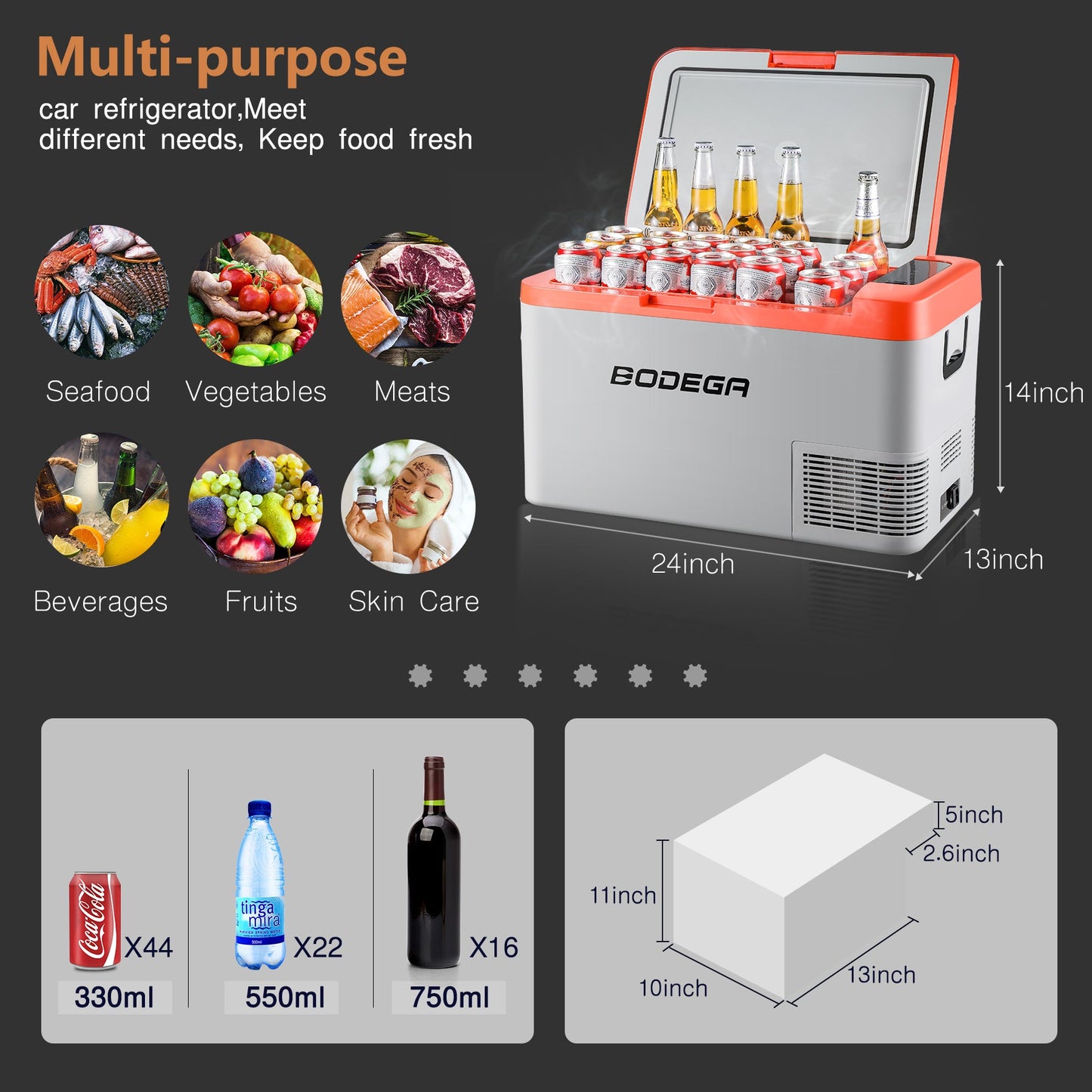 BODEGAcooler 27qt/25L K25 12V Portable Car Fridge Freezer - Orange - K25-OG