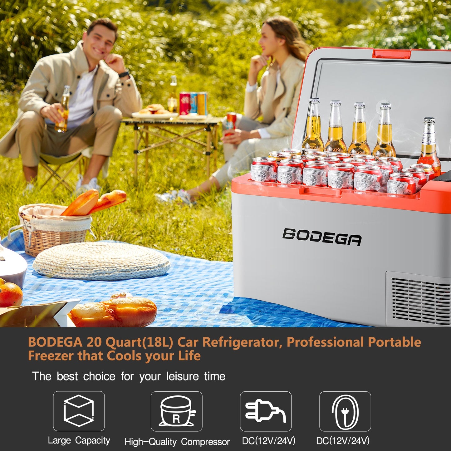 BODEGAcooler 27qt/25L K25 12V Portable Car Fridge Freezer - Orange - K25-OG