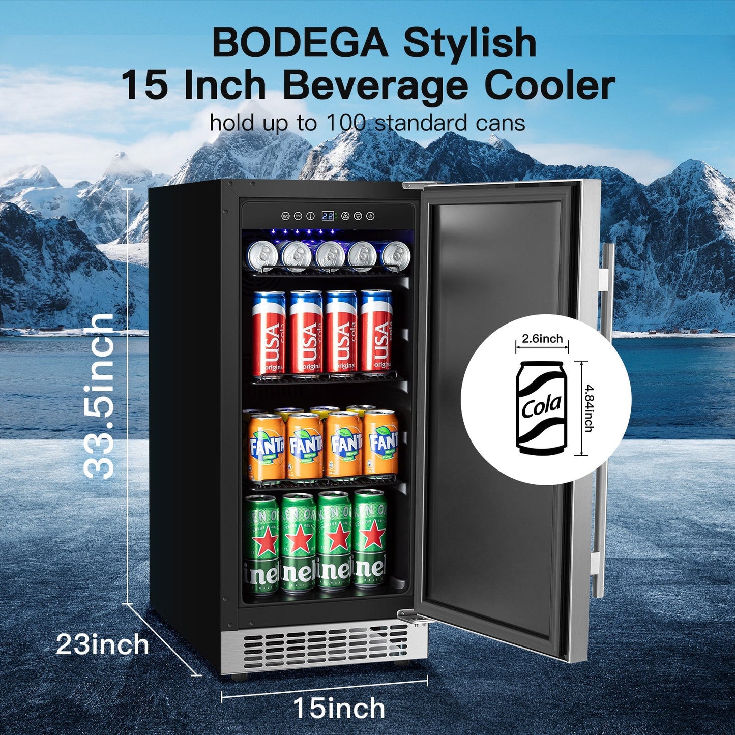 Earth Day Sale-BODEGAcooler 15" Built-in 100 Can Beverage Fridge in Stainless Steel - YC-100A-US-1