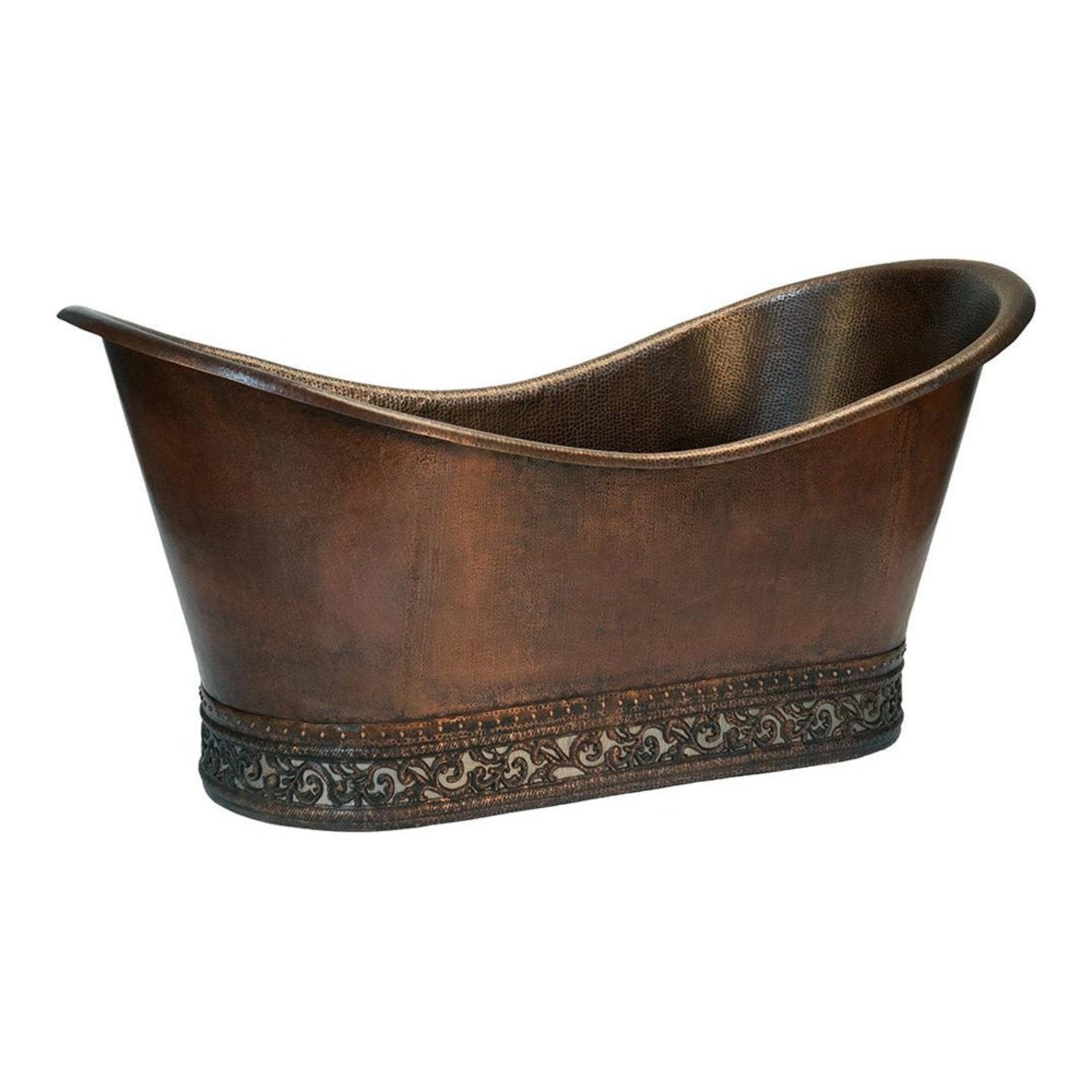 Premier Copper 67 in. Hammered Copper Double Slipper Bathtub with Scroll Base and Nickel Inlay - BTN67DB