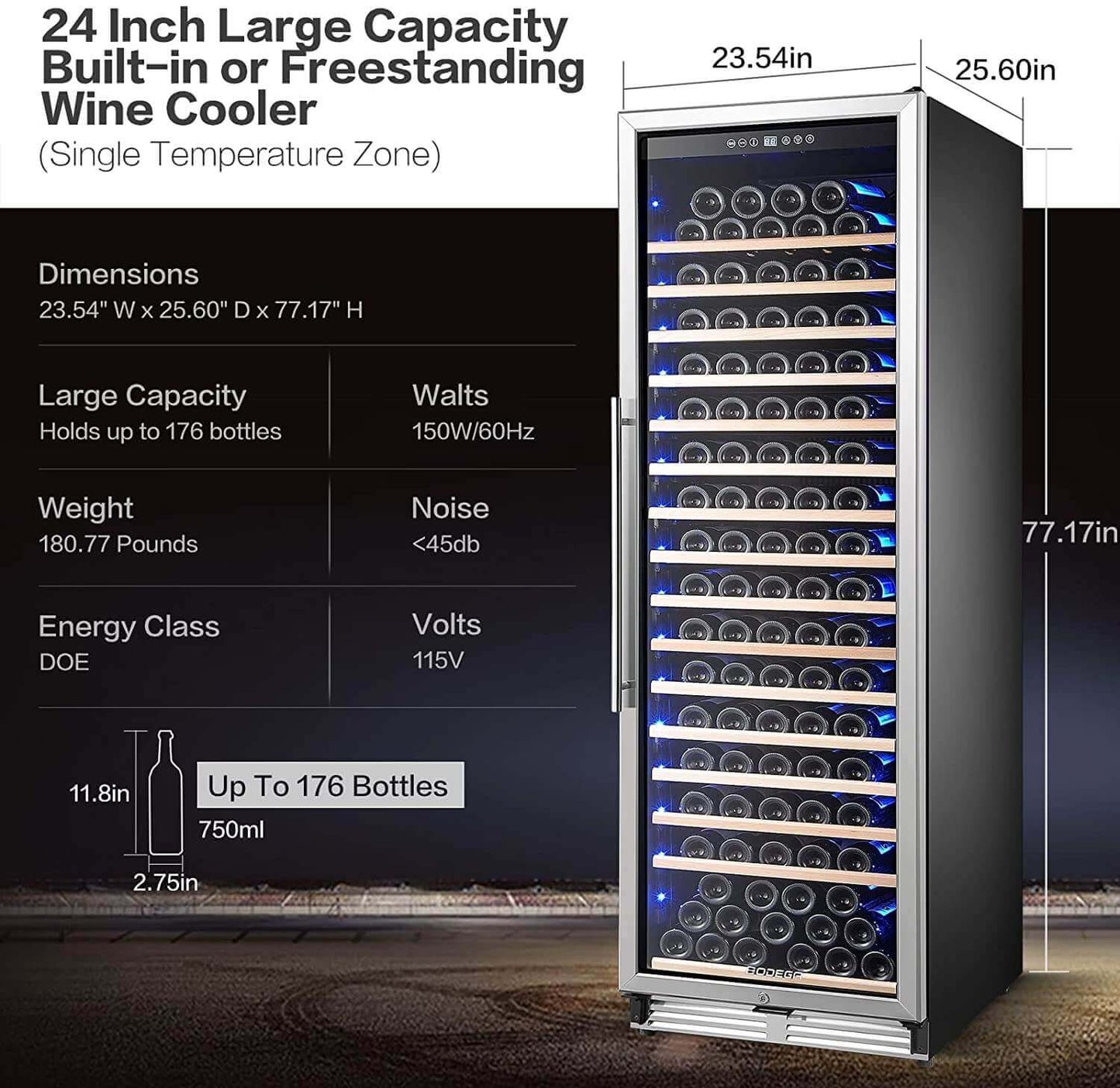 BODEGAcooler 24" Large Capacity 176 Bottles Wine Cooler Single Zone - YC-510A