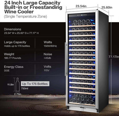 BODEGAcooler 24" Large Capacity 176 Bottles Wine Cooler Single Zone - YC-510A