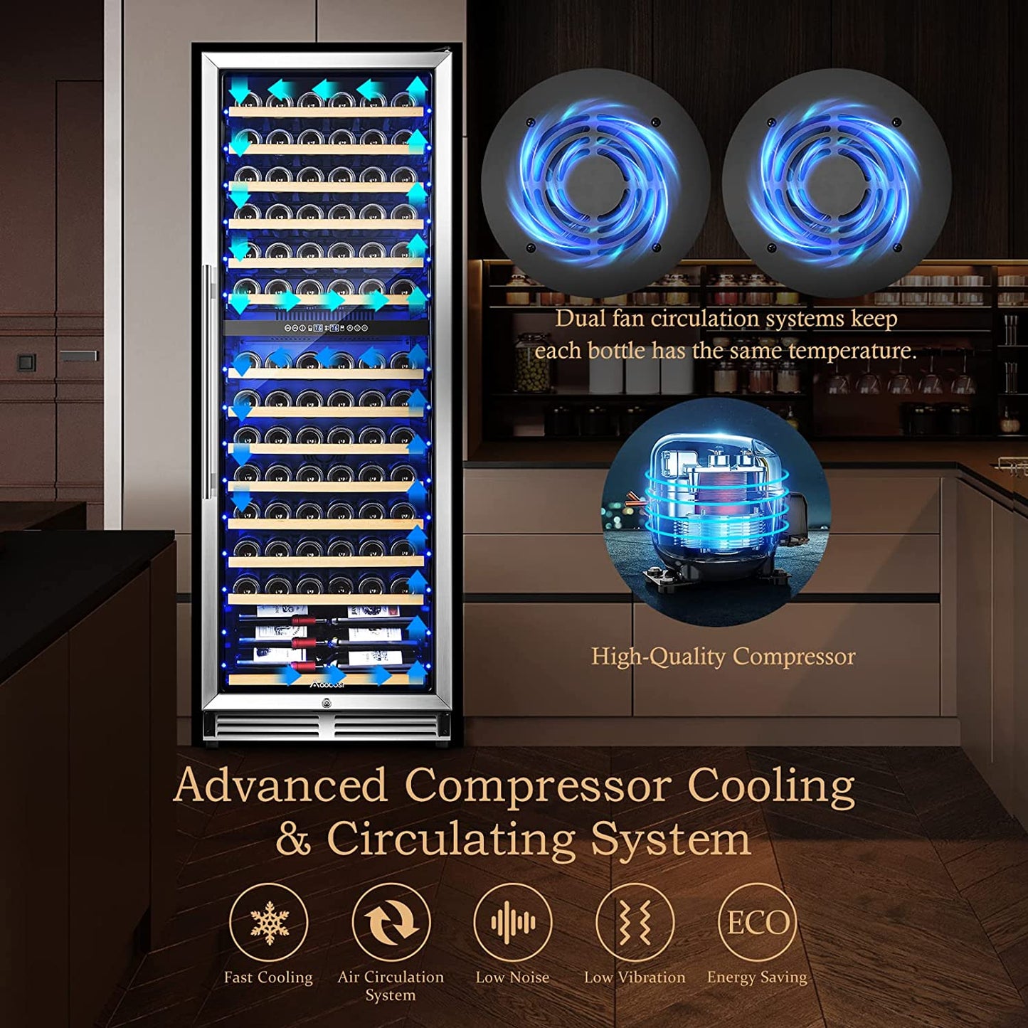BODEGA AAOBOSI 24" Free Standing 154 Bottles Wine Cooler in Stainless Steel with Wood Shelves - YC-408B