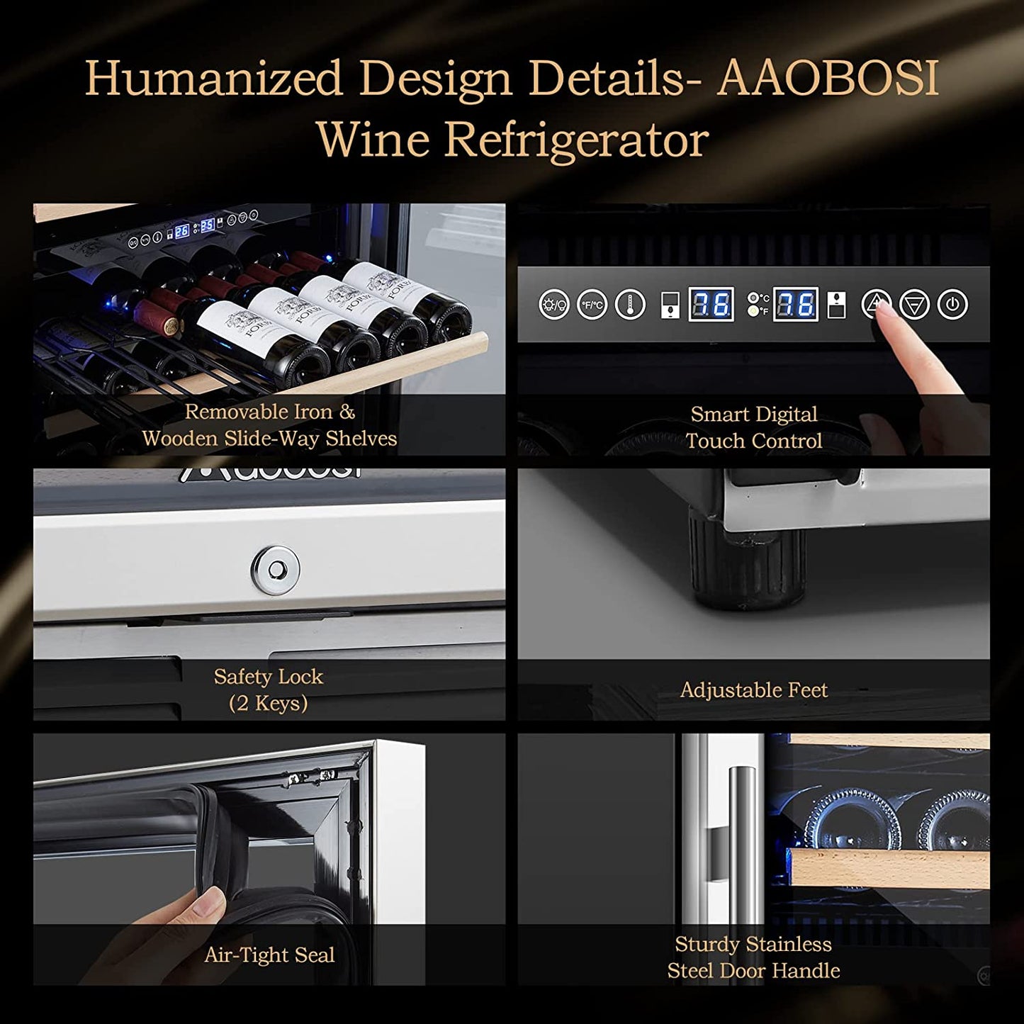 BODEGA AAOBOSI 24" Free Standing 154 Bottles Wine Cooler in Stainless Steel with Wood Shelves - YC-408B