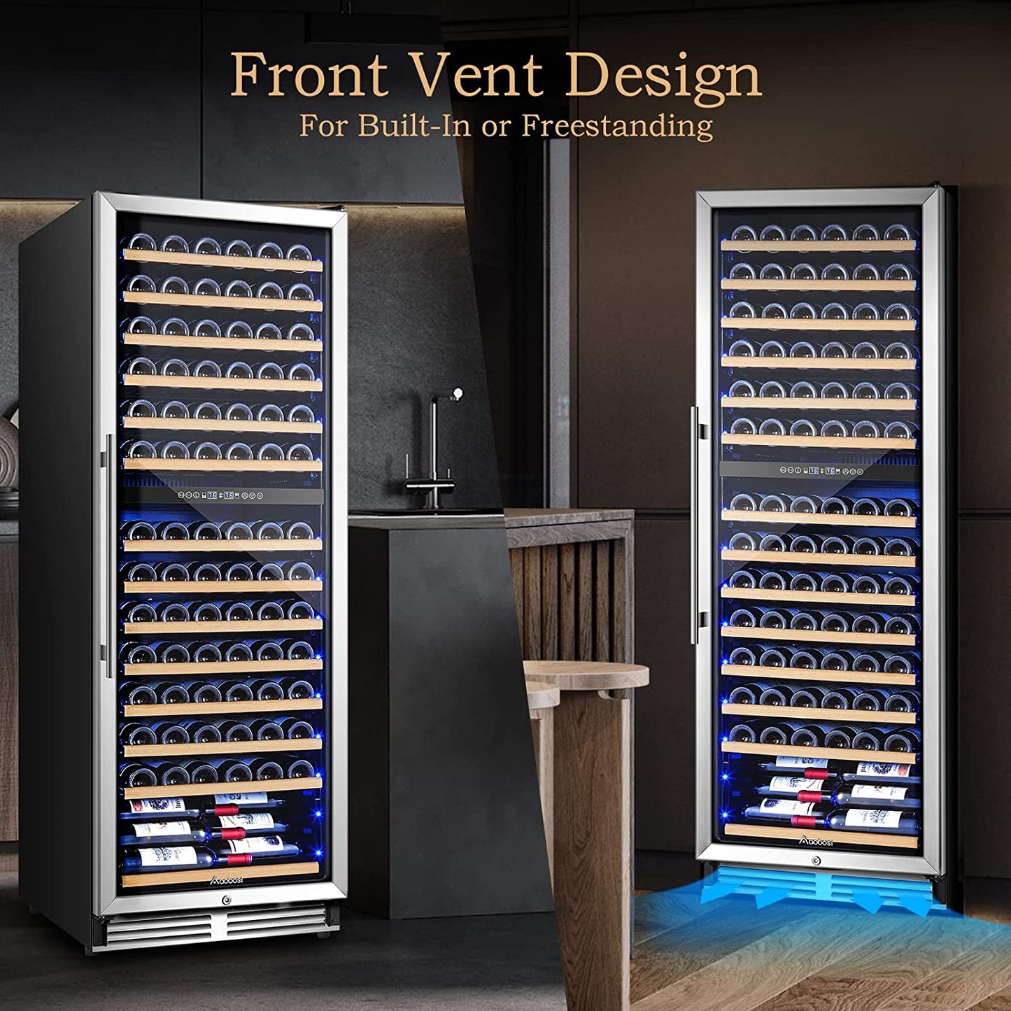 BODEGA AAOBOSI 24" Free Standing 154 Bottles Wine Cooler in Stainless Steel with Wood Shelves - YC-408B
