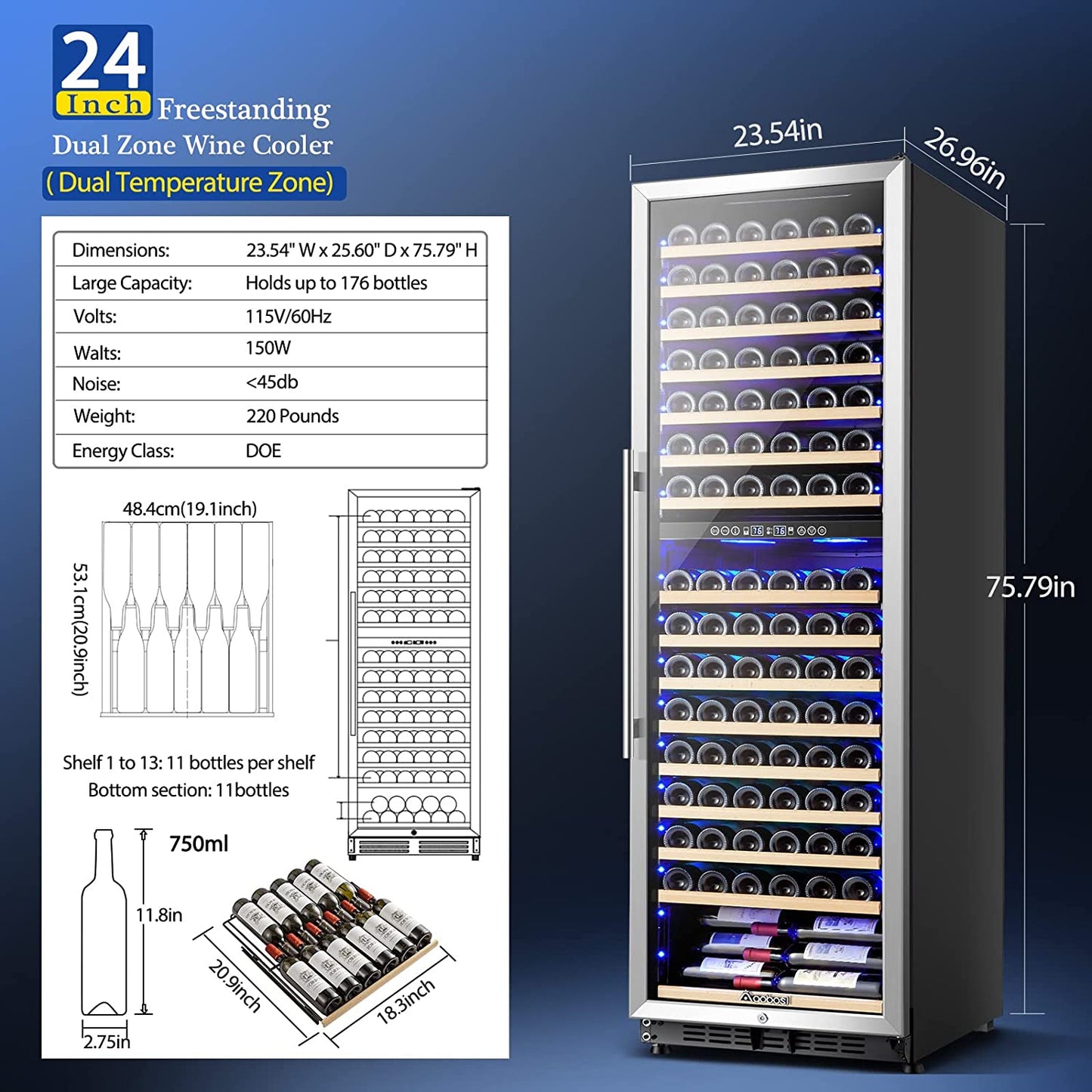 AAOBOSI 24" Free Standing 176 Bottles Wine Cooler in Stainless Steel with Wood Shelves - YC-510B