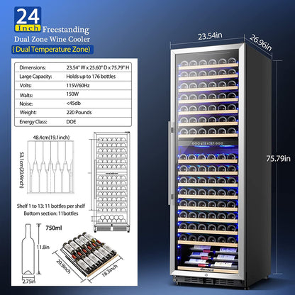 AAOBOSI 24" Free Standing 176 Bottles Wine Cooler in Stainless Steel with Wood Shelves - YC-510B