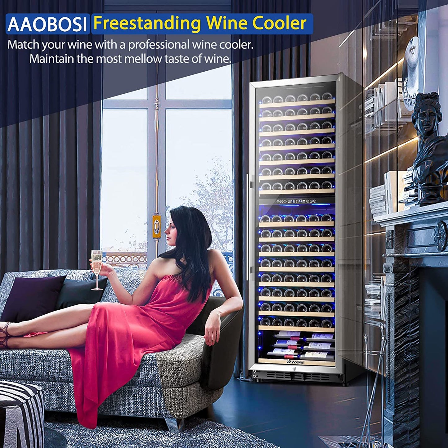 AAOBOSI 24" Free Standing 176 Bottles Wine Cooler in Stainless Steel with Wood Shelves - YC-510B
