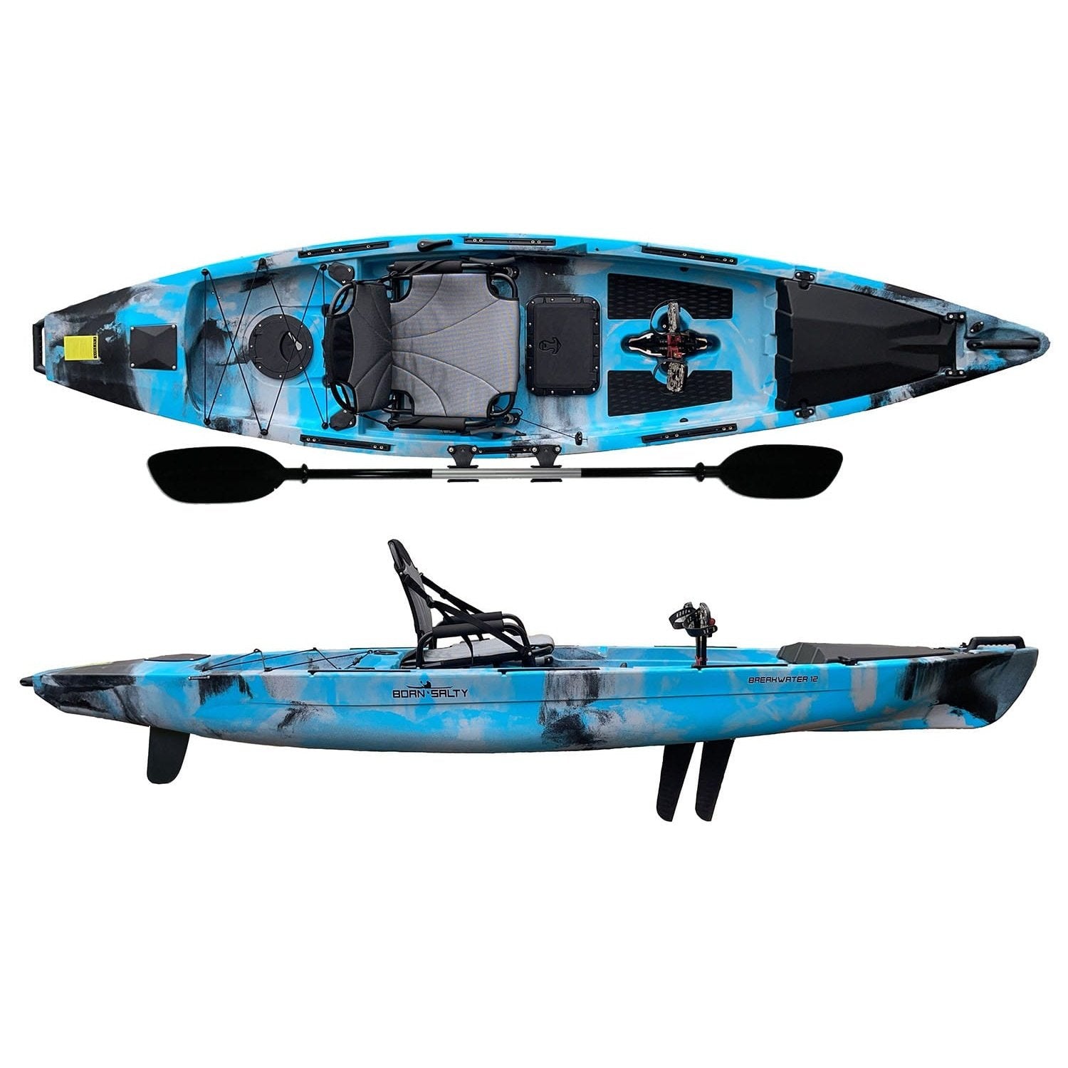 Born Salty Breakwater 12 Kayak - Aqua Camo - Pedal Drive Package - Backyard Provider