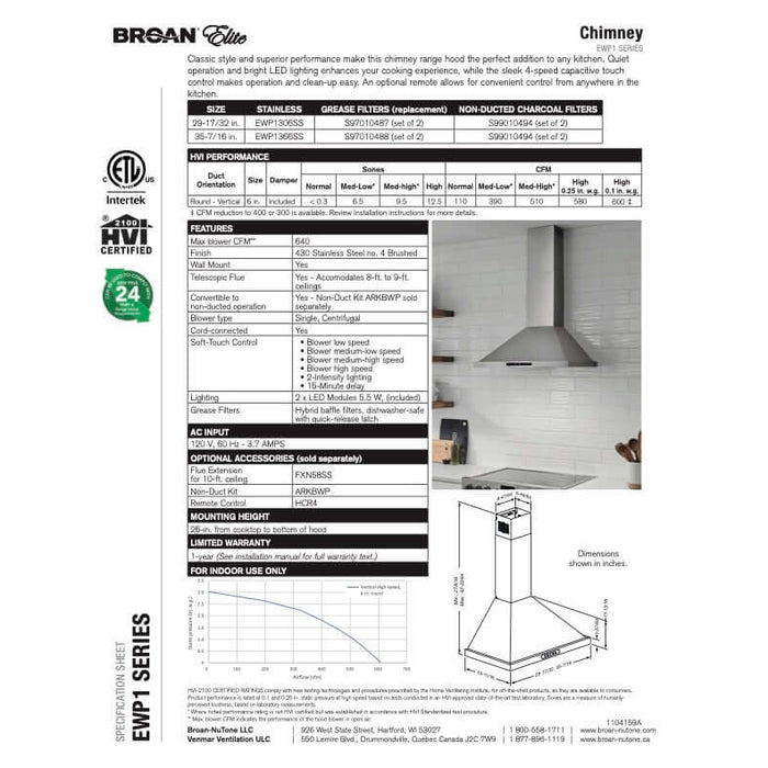 Broan Elite EWP1 Series Chimney Range Hood With Size Options - EWP1306SS