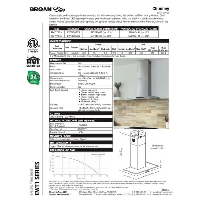 Broan Range Elite EWT1 Series Chimney Range Hood With Size Options - EWT16SS