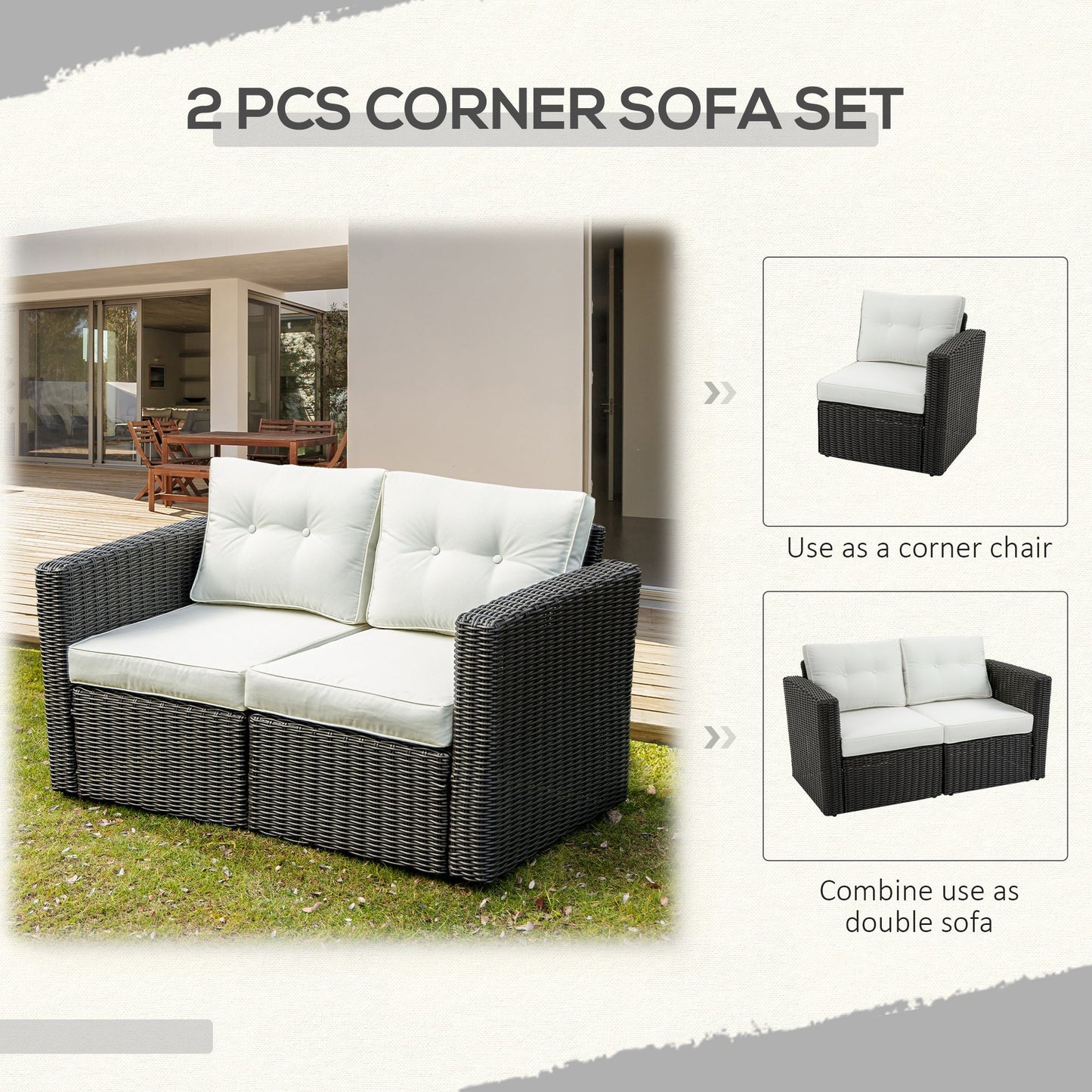 Outsunny 2-Piece Patio Corner Sofa Set with PE Rattan & Padded Cushions, Beige - 860-204CW