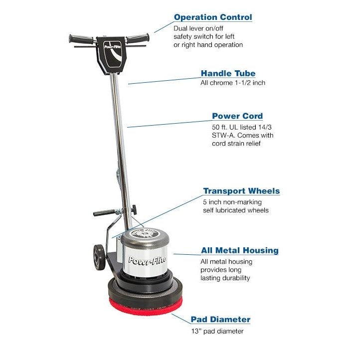 Powr-Flite Classic Metal, Floor Machine, Low Speed, 13", 95lbs, 175 RPMs, 1HP, 50' Cord