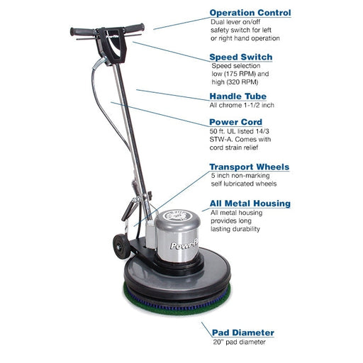 Powr-Flite Classic Metal, Floor Machine, Dual Speed, 17" or 20", 100lbs or 105lbs, 175 RPMs and 320RPMs, 1.5HP, 50' Cord