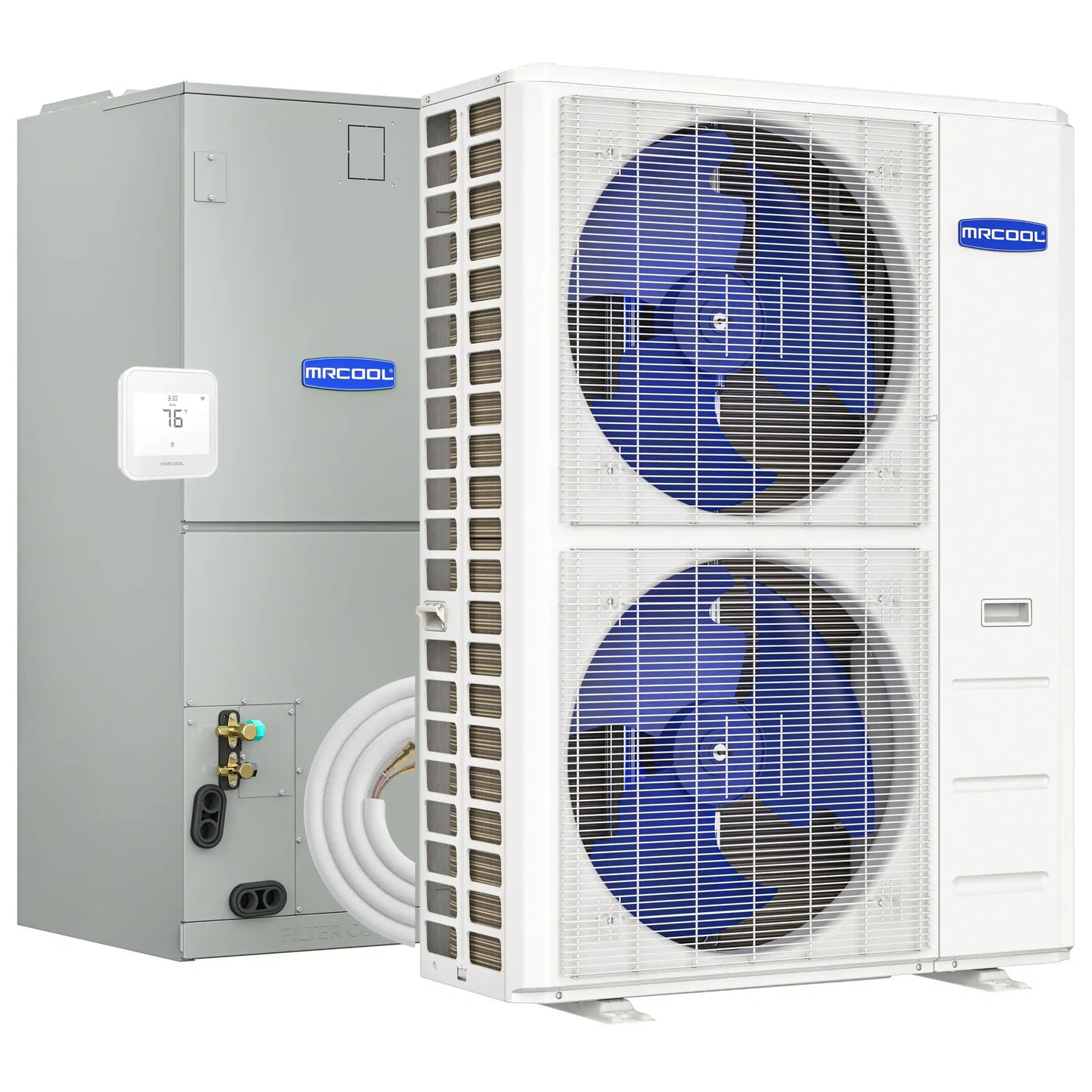 MRCOOL Hyper Heat 2nd Gen 60K BTU, 5 Ton, 16 SEER2 Heat Pump Condenser and Ducted Air Handler with 50 Ft. R-454B No-Vac Lineset (CENTRAL-60-HP-230B50)