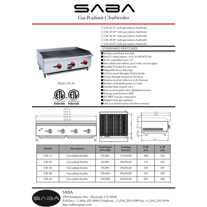 SABA CB-36 - Commercial Gas Radiant Broiler - CB-36