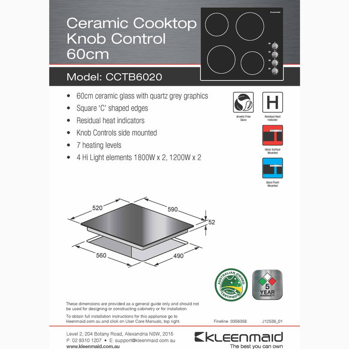 Kleenmaid CCTB6020 60cm Knob Control Ceramic Cooktop