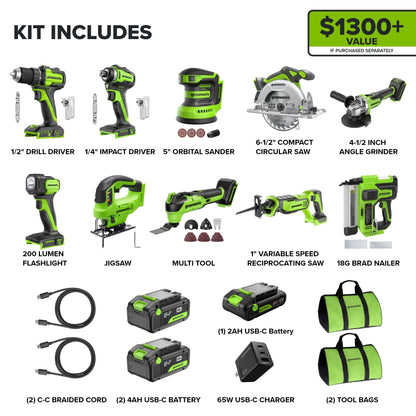 Greenworks 24V Brushless Power Tool 10PC Combo Kit w/ (2) 4.0Ah & (1) 2.0Ah USB-C Batteries and Charger