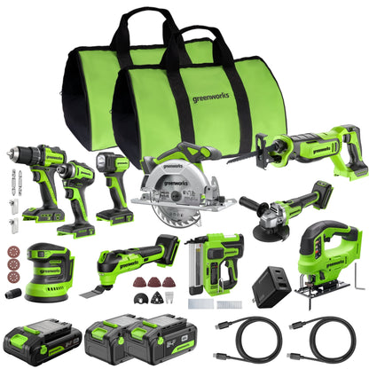 Greenworks 24V Brushless Power Tool 10PC Combo Kit w/ (2) 4.0Ah & (1) 2.0Ah USB-C Batteries and Charger