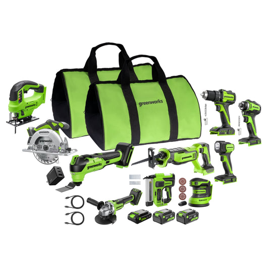 Greenworks 24V Brushless Power Tool 10PC Combo Kit w/ (2) 4.0Ah & (1) 2.0Ah USB-C Batteries and Charger