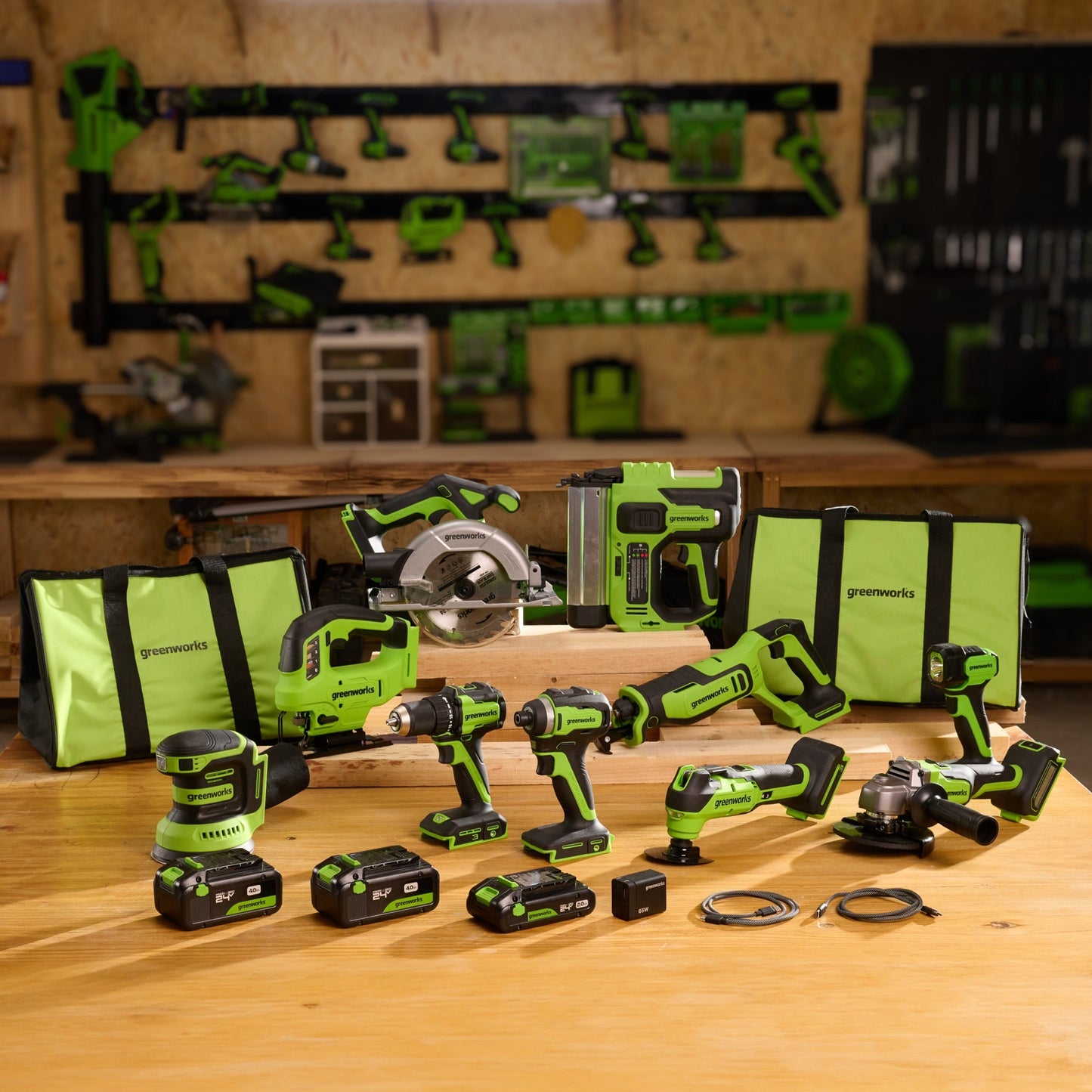 Greenworks 24V Brushless Power Tool 10PC Combo Kit w/ (2) 4.0Ah & (1) 2.0Ah USB-C Batteries and Charger
