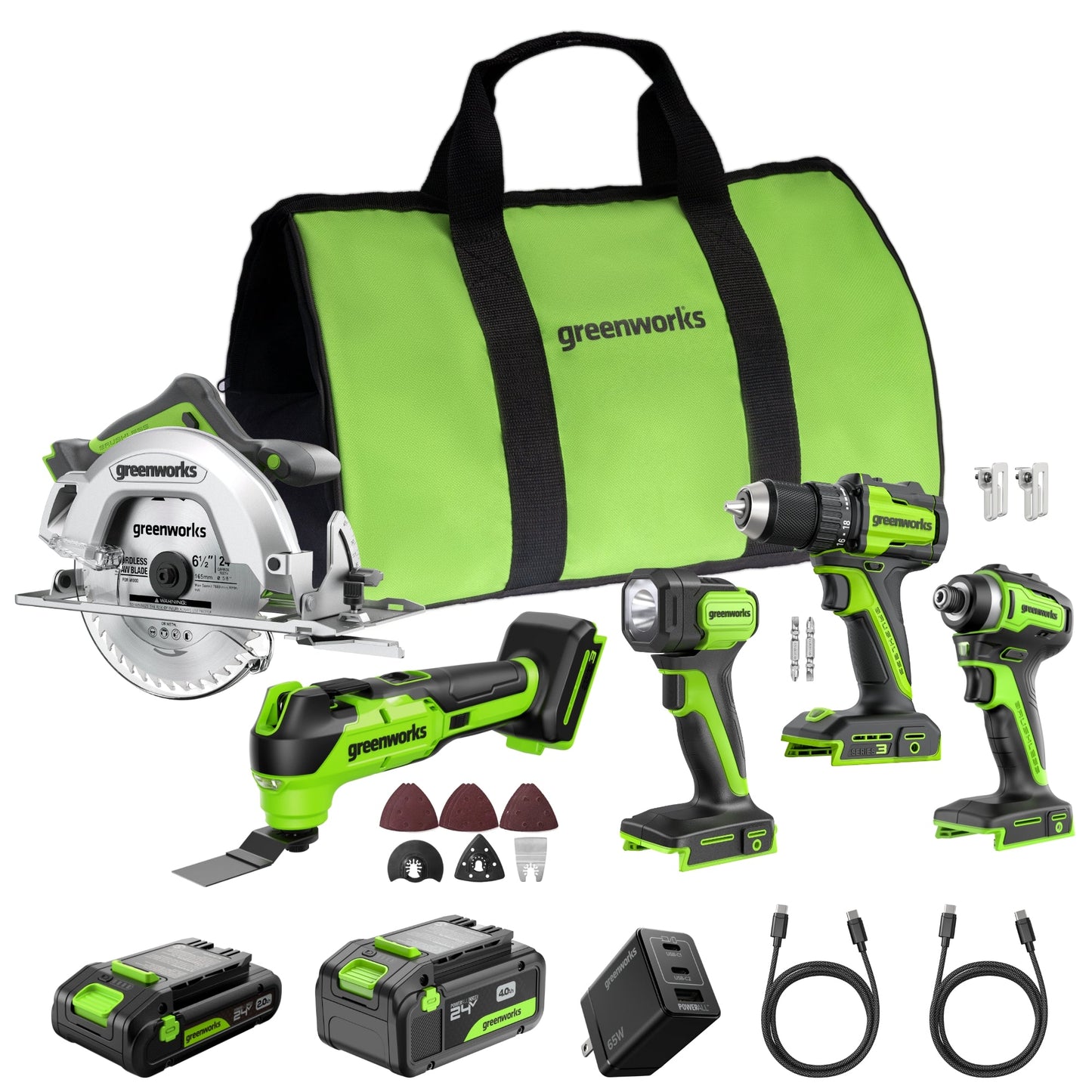 Greenworks 24V Brushless Power Tool 5PC Combo Kit w/ (1) 4.0Ah & (1) 2.0Ah USB-C Batteries and Charger - CK35100