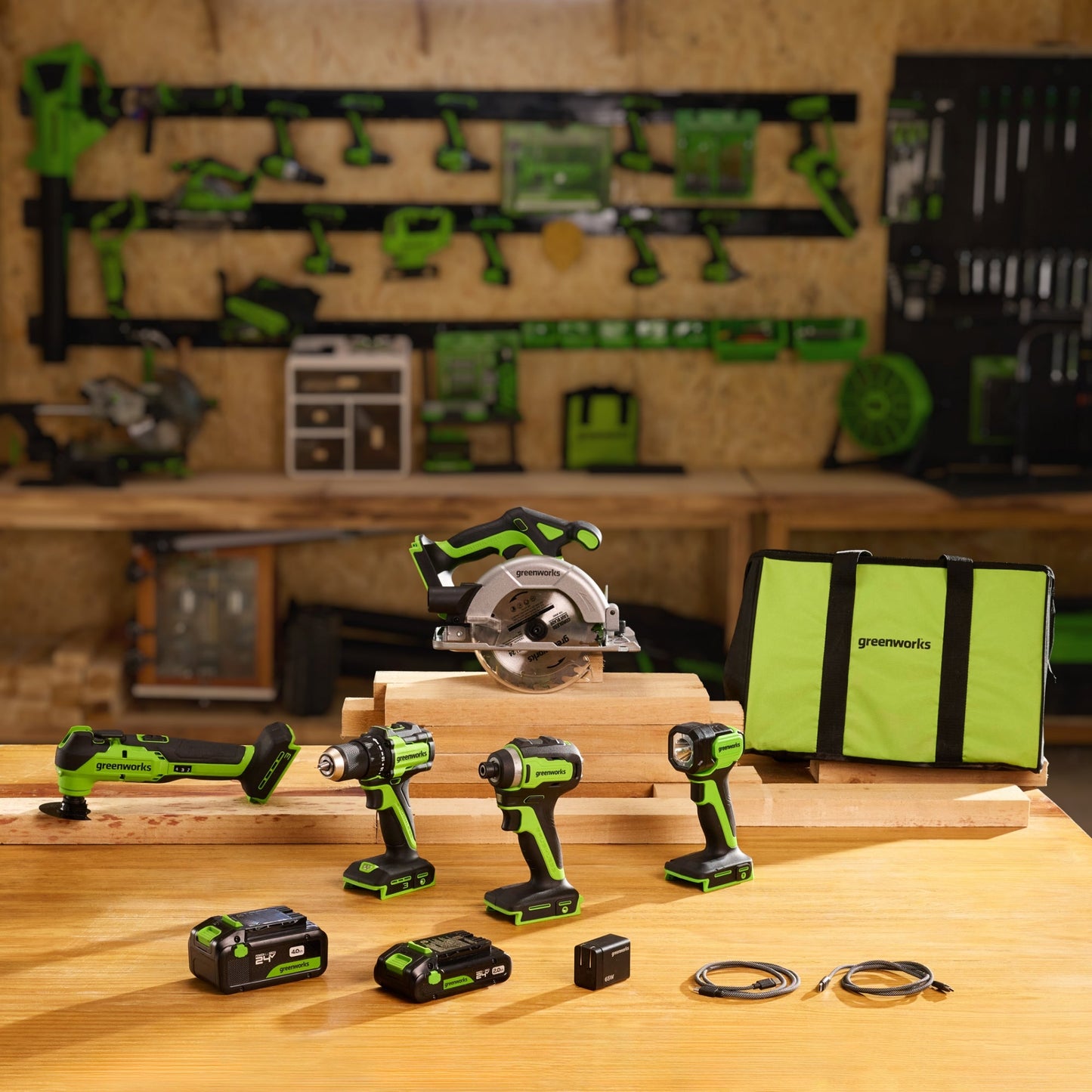 Greenworks 24V Brushless Power Tool 5PC Combo Kit w/ (1) 4.0Ah & (1) 2.0Ah USB-C Batteries and Charger - CK35100