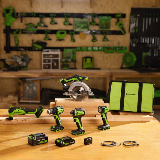 Greenworks 24V Brushless Power Tool 5PC Combo Kit w/ (1) 4.0Ah & (1) 2.0Ah USB-C Batteries and Charger - CK35100