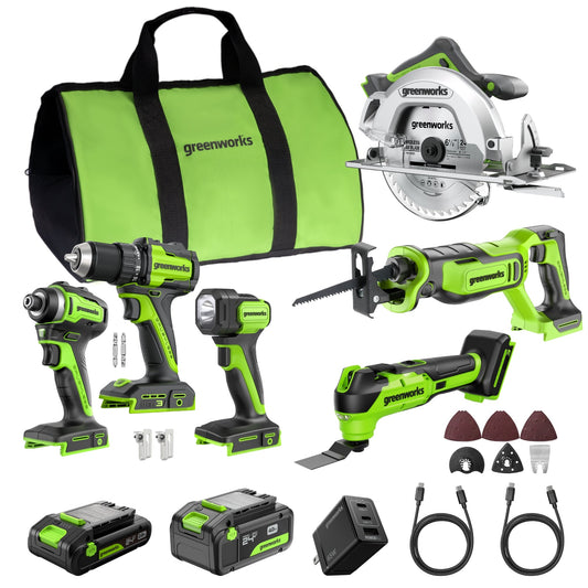 Greenworks 24V Brushless Power Tool 6PC Combo Kit w/ (1) 4.0Ah & (1) 2.0Ah USB-C Batteries and Charger - CK36100