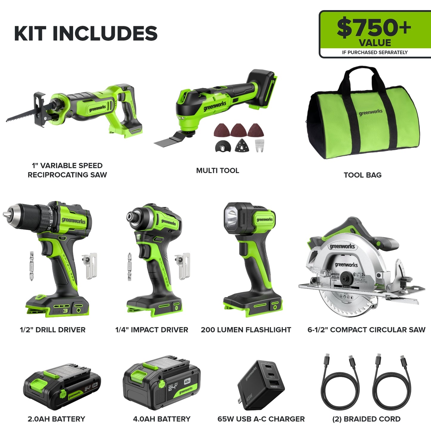 Greenworks 24V Brushless Power Tool 6PC Combo Kit w/ (1) 4.0Ah & (1) 2.0Ah USB-C Batteries and Charger - CK36100