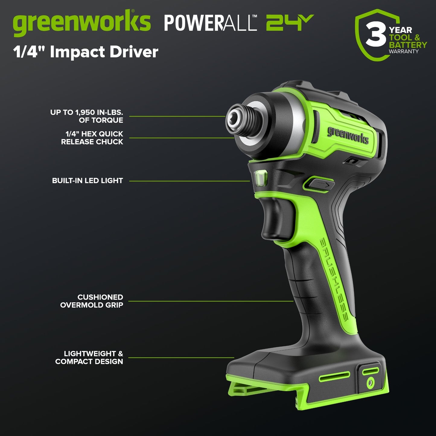Greenworks 24V Brushless Power Tool 6PC Combo Kit w/ (1) 4.0Ah & (1) 2.0Ah USB-C Batteries and Charger - CK36100