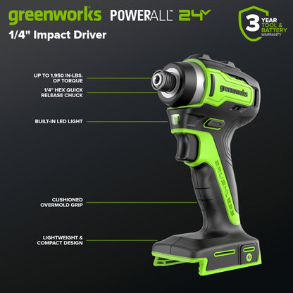 Greenworks 24V Brushless Power Tool 6PC Combo Kit w/ (1) 4.0Ah & (1) 2.0Ah USB-C Batteries and Charger - CK36100