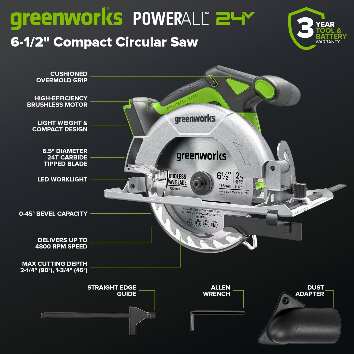 Greenworks 24V Brushless Power Tool 6PC Combo Kit w/ (1) 4.0Ah & (1) 2.0Ah USB-C Batteries and Charger - CK36100