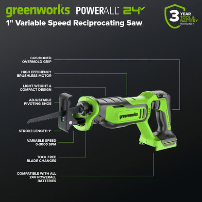 Greenworks 24V Brushless Power Tool 6PC Combo Kit w/ (1) 4.0Ah & (1) 2.0Ah USB-C Batteries and Charger - CK36100
