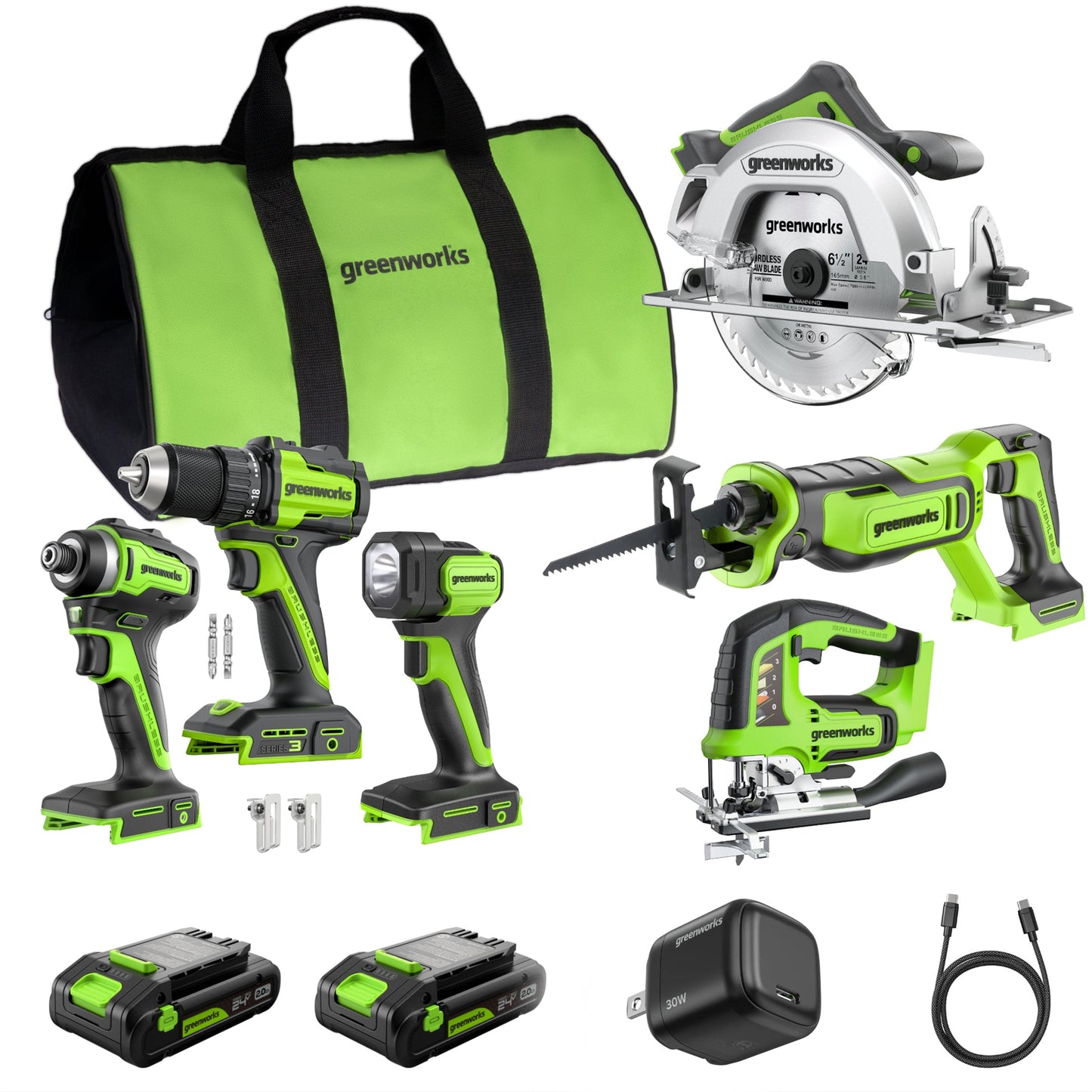 Greenworks 24V Brushless Power Tool 6PC Combo Kit w/ (2) 2.0Ah USB-C Batteries and 30W Charger - CK36200
