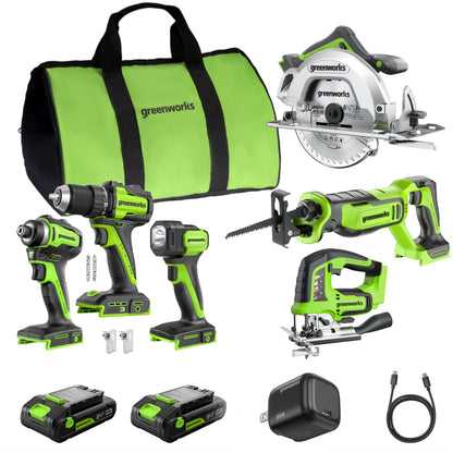 Greenworks 24V Brushless Power Tool 6PC Combo Kit w/ (2) 2.0Ah USB-C Batteries and 30W Charger - CK36200