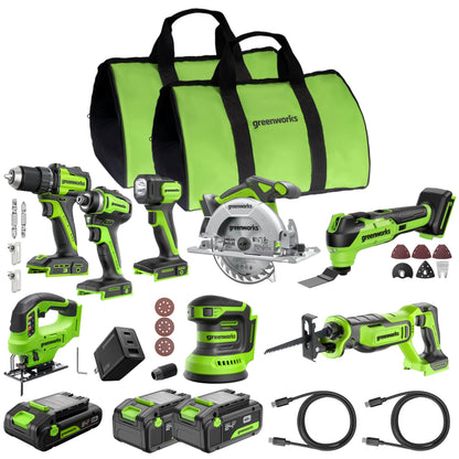 Greenworks 24V Brushless Power Tool 8PC Combo Kit w/ (2) 4.0Ah & (1) 2.0Ah USB-C Batteries and Charger - CK38100
