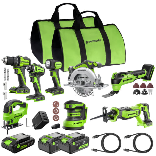 Greenworks 24V Brushless Power Tool 8PC Combo Kit w/ (2) 4.0Ah & (1) 2.0Ah USB-C Batteries and Charger - CK38100