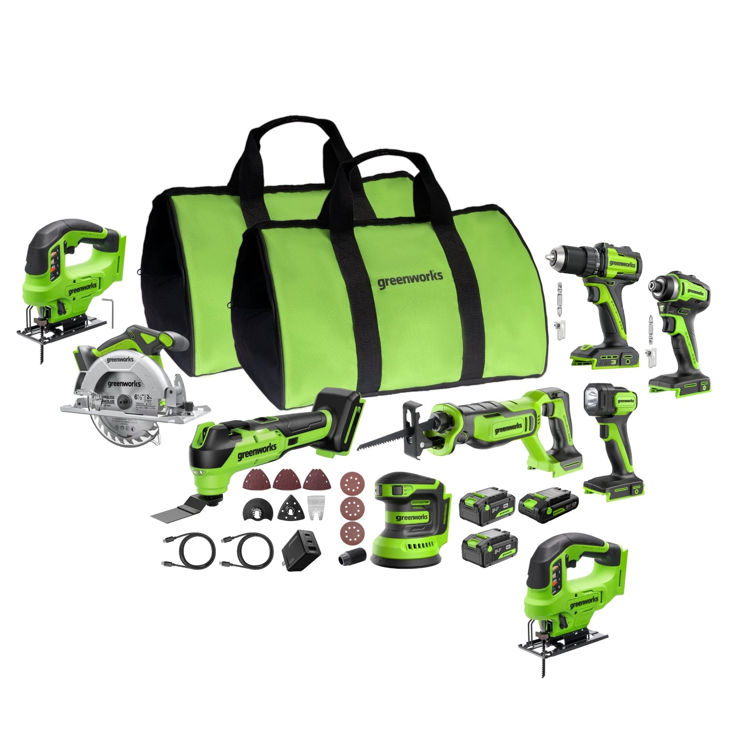 Greenworks 24V Brushless Power Tool 8PC Combo Kit w/ (2) 4.0Ah & (1) 2.0Ah USB-C Batteries and Charger - CK38100