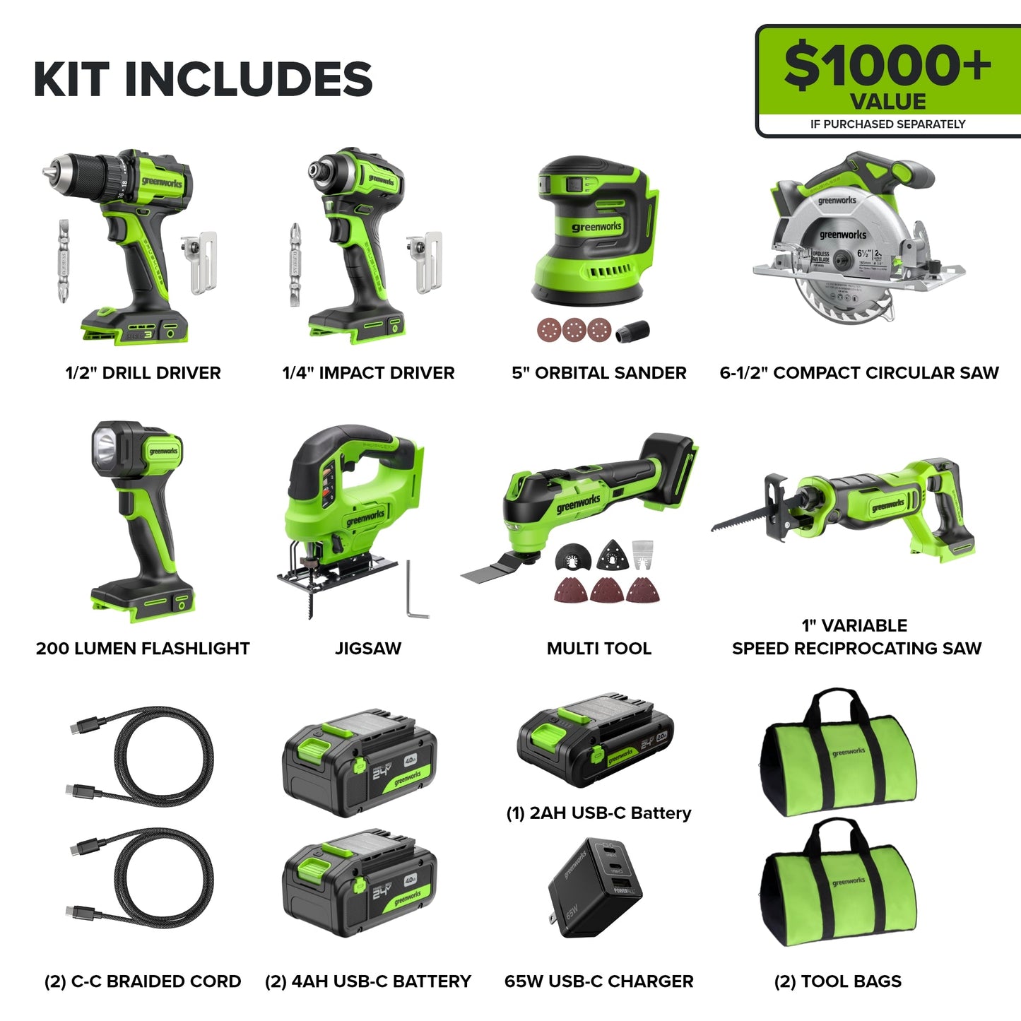 Greenworks 24V Brushless Power Tool 8PC Combo Kit w/ (2) 4.0Ah & (1) 2.0Ah USB-C Batteries and Charger - CK38100