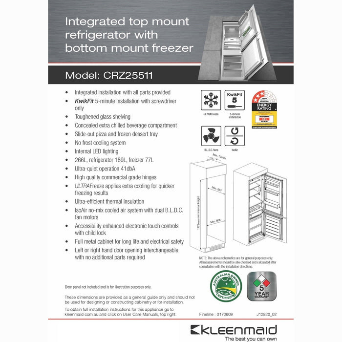 Kleenmaid CRZ25511 Integrated Top Mount Refrigerator with Bottom Mount Freezer