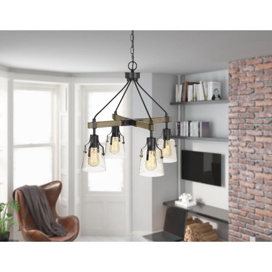 Cal Lighting Aosta 4-Light Metal Chandelier with Bubbled Glass Shades in Dark Iron and Wood - FX-3735-4