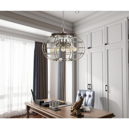 Cal Lighting Liberty 5-Light Metal Chandelier with Grill Shade in Brushed Steel and Wood - FX-3719-5