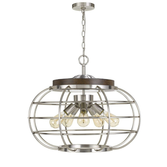 Cal Lighting Liberty 5-Light Metal Chandelier with Grill Shade in Brushed Steel and Wood - FX-3719-5