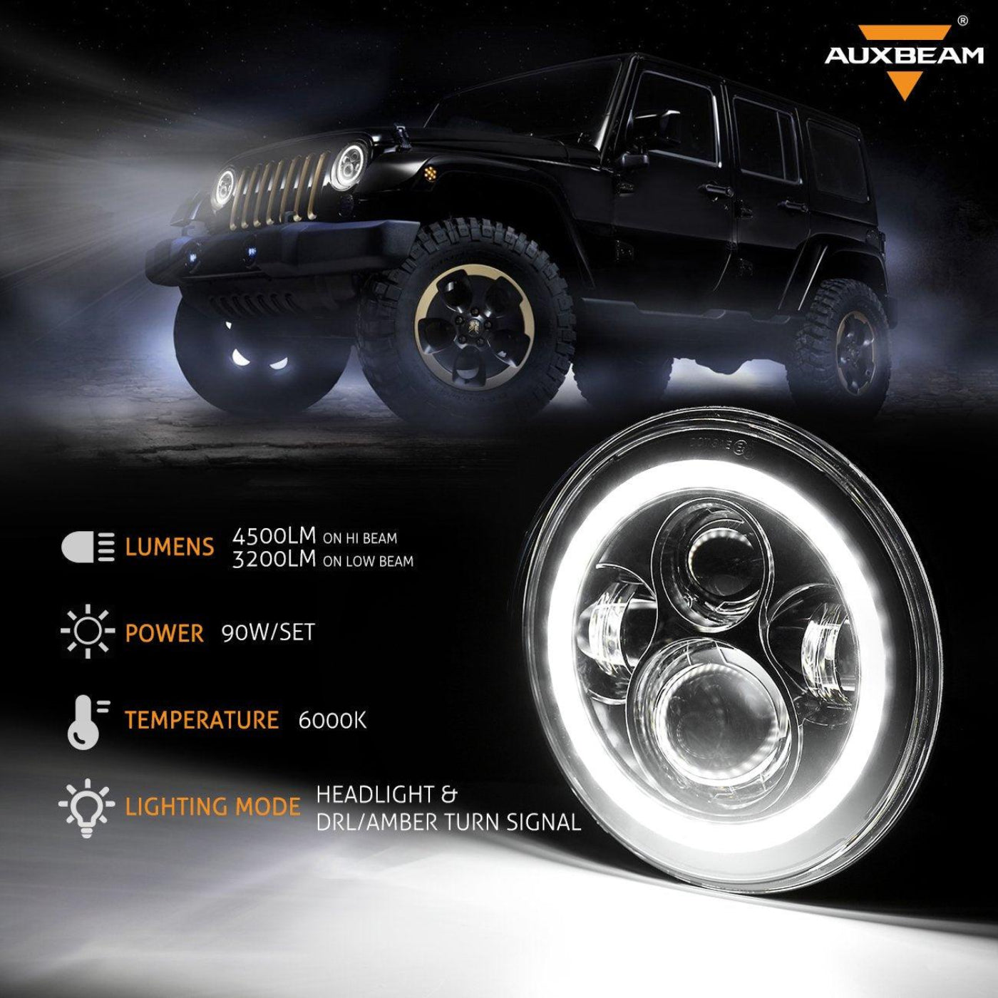 Auxbeam 7" LED Halo Headlights + 4" Inch LED Fog Lights with DRL + 5D-PRO 52" Straight LED Light Bar + Windshield Mounting Brackets + 18W Spot Beam Pod Lights Set for for Jeep Wrangler JK - GP00007760