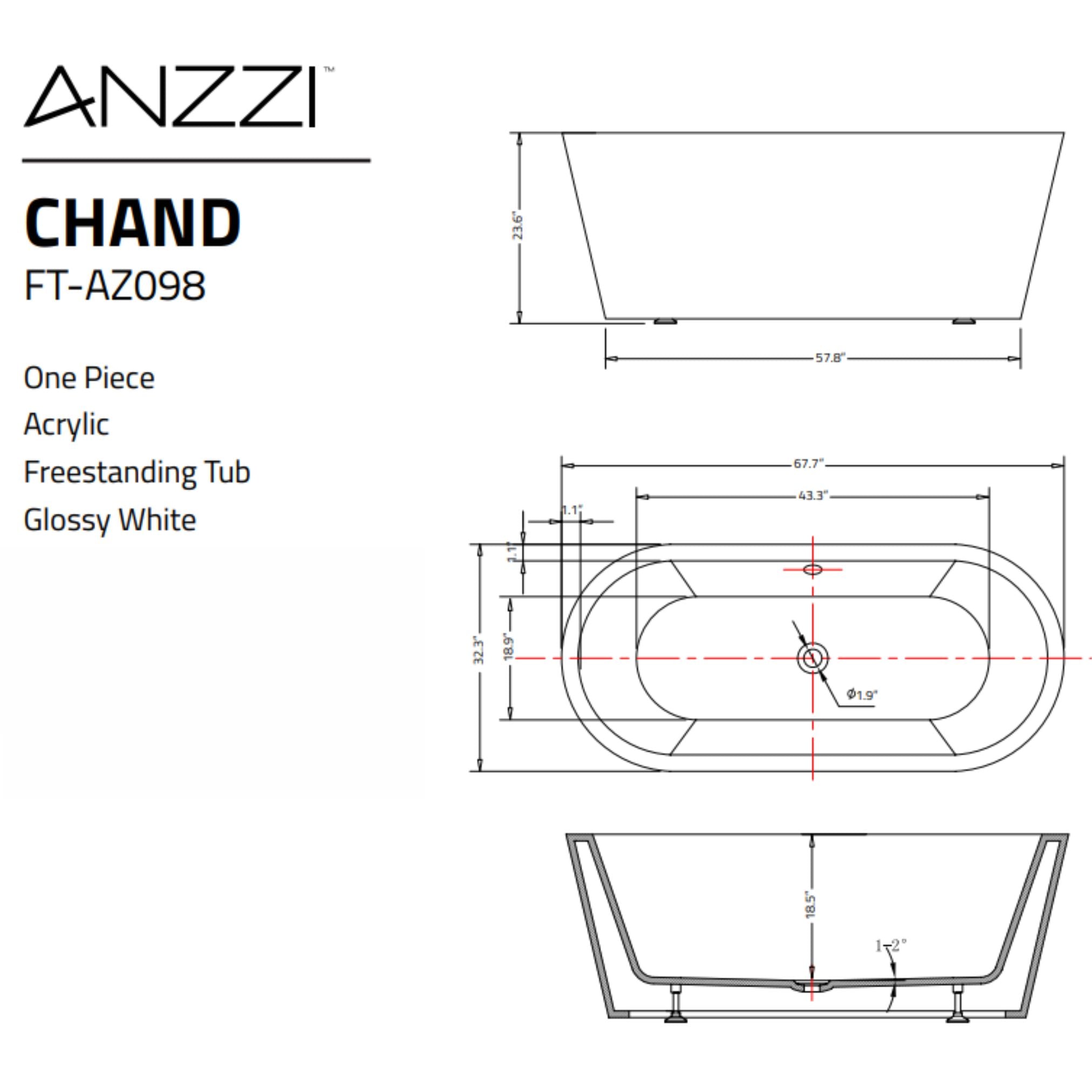 Anzzi Chand 67 in. Acrylic Flatbottom Freestanding Bathtub in White FT-AZ098 - FT-AZ098