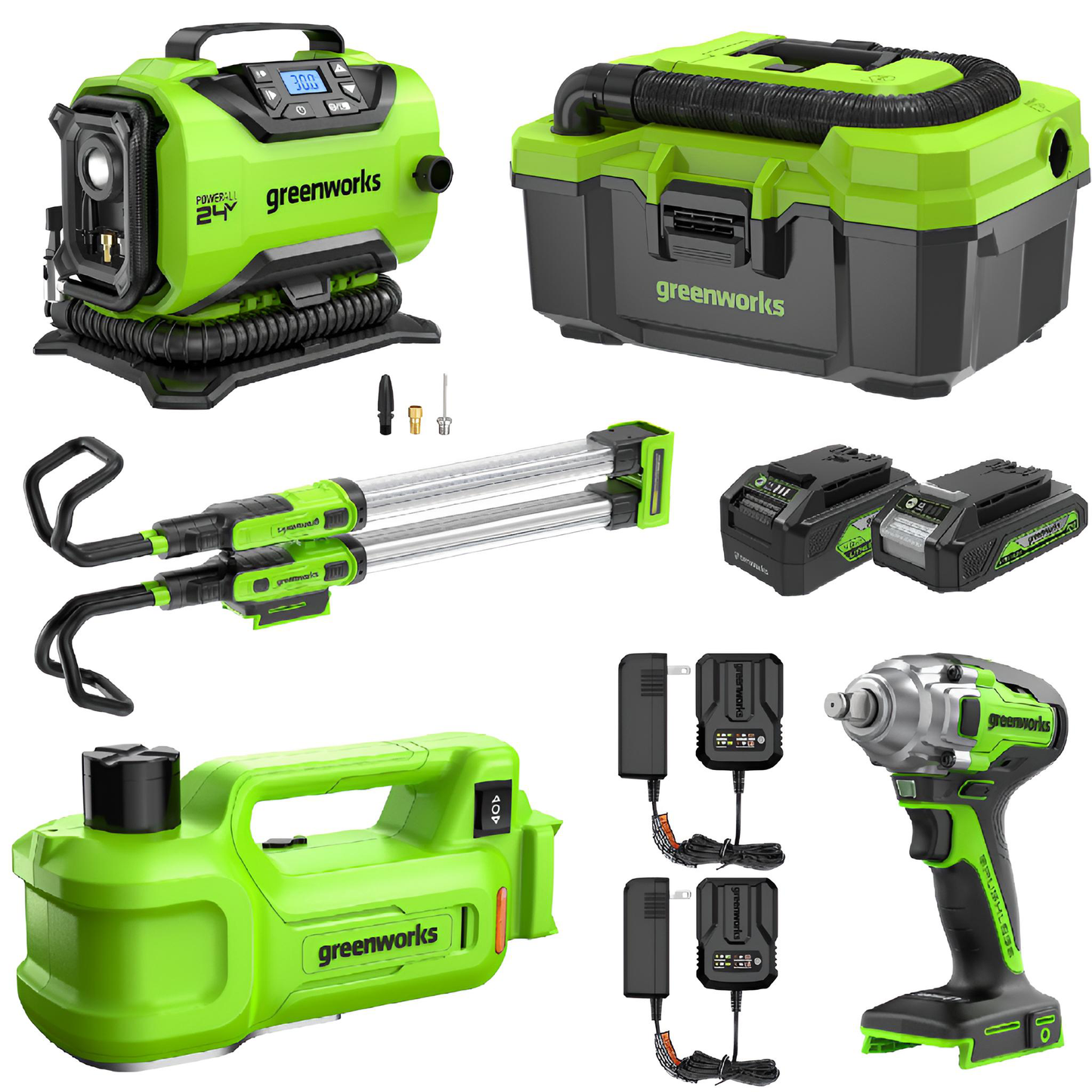 Greenworks 24V Cordless Battery 5-pc Car Care Combo Kit w/ 2.0Ah and 4.0Ah Batteries & (2) Chargers - 1358702-VK