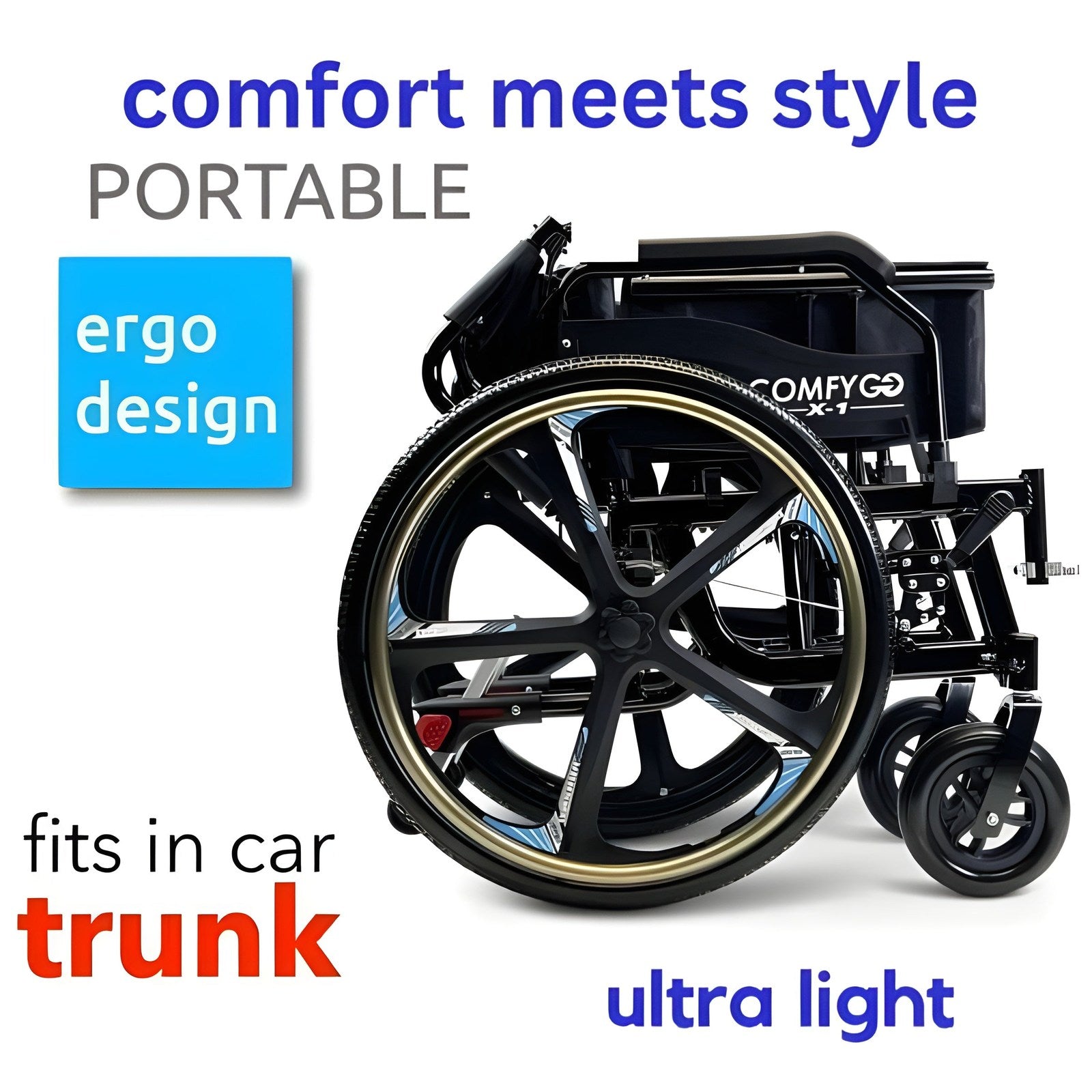 ComfyGo X-1 Ultra Lightweight Manual Wheelchair - X-1 BLACK