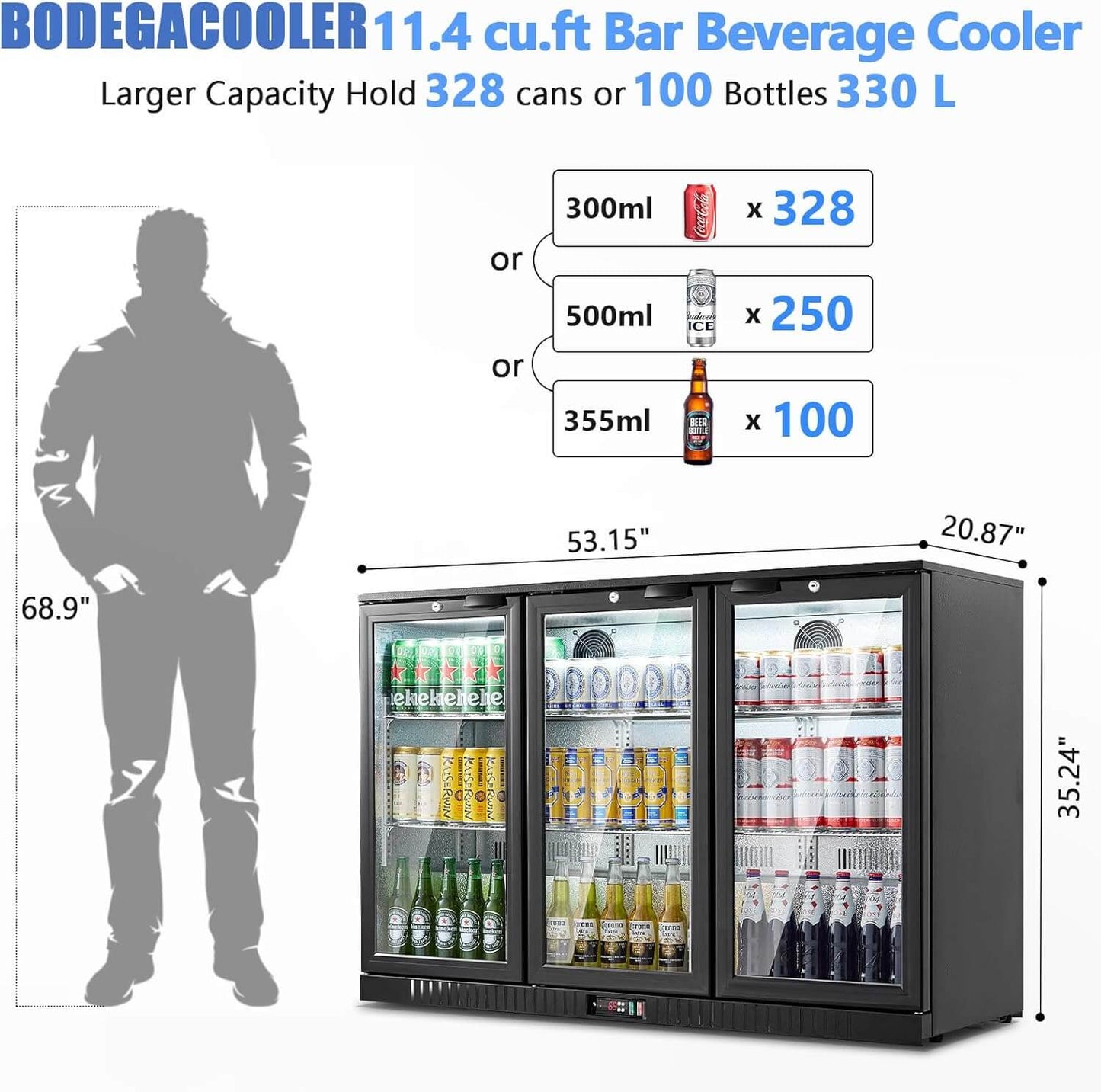 Bodega cooler 11.4 Cu.Ft Display Bar Beverage Fridge With 3 Glass Doors
