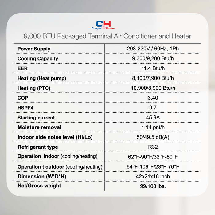 Cooper & Hunter 9,000 BTU Smart PTAC Packaged Terminal Air Conditioner With Heat Pump - PTHP Heating And Cooling With Electric Cord and Remote Control CH-PTW-09HPGF